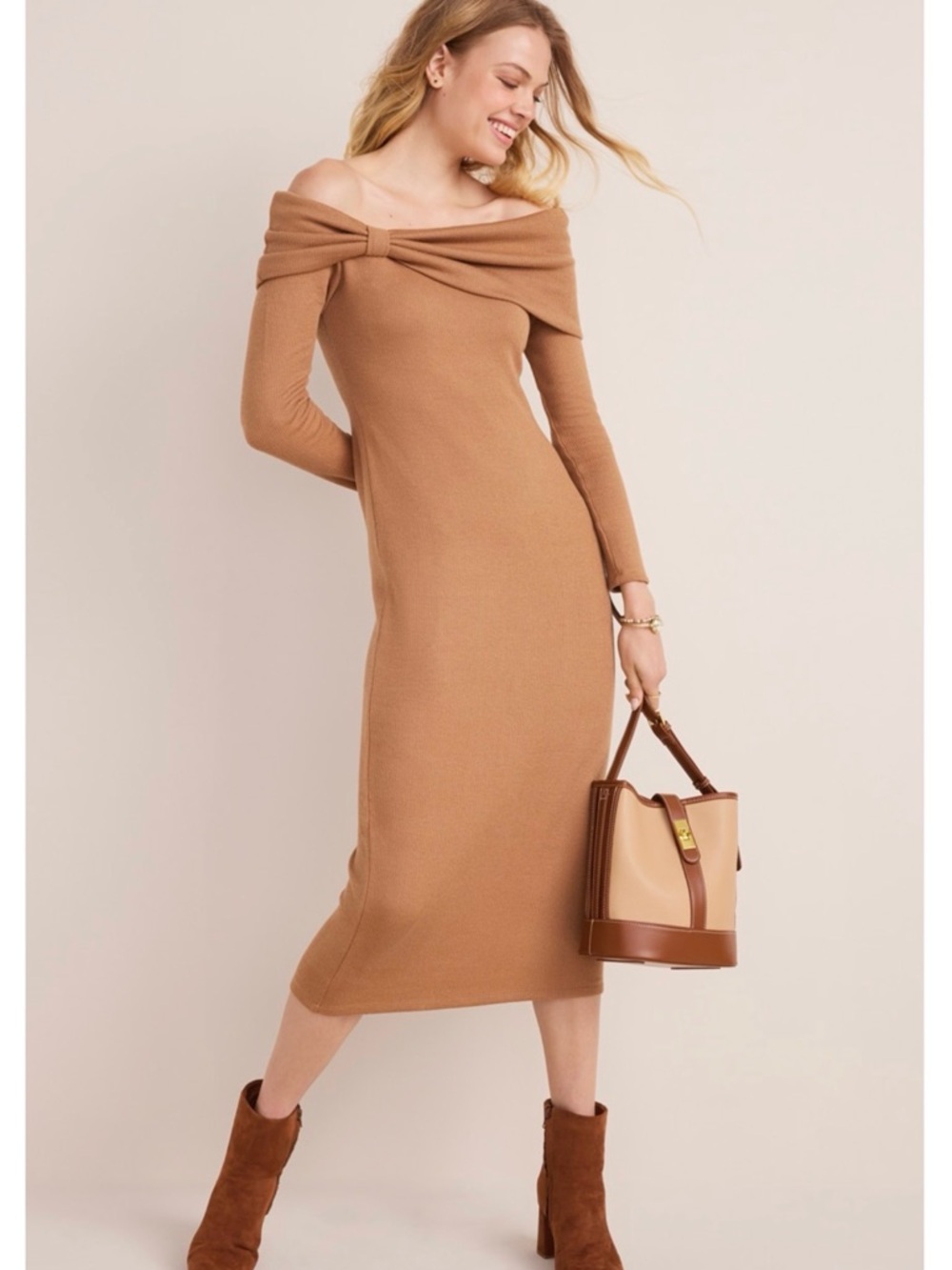 Francesca's Collections Camel One-Shoulder Knit Midi Dress - Large